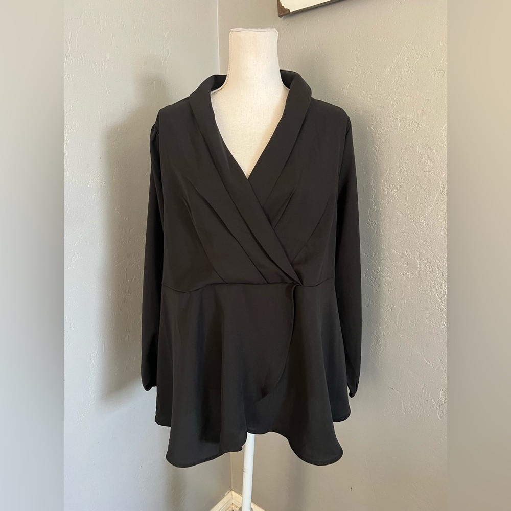 BloomChic Black Wrap Blouse with Notched Collar. Size US 14-16